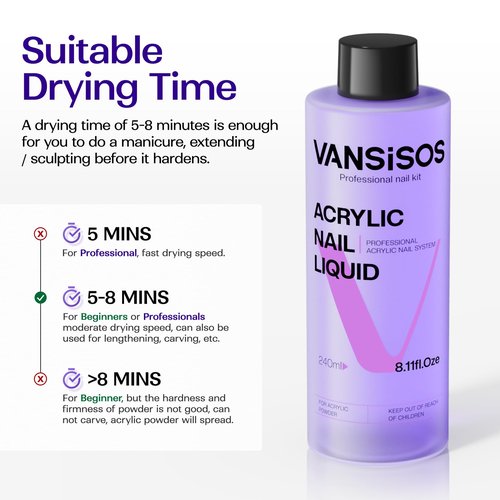 VANSISOS Professional Acrylic Nail Liquid: 8fl.oz Acrylic Liquid for Acrylic Powders Non-Yellowing for MMA-Free DIY Home Nail Salon Use