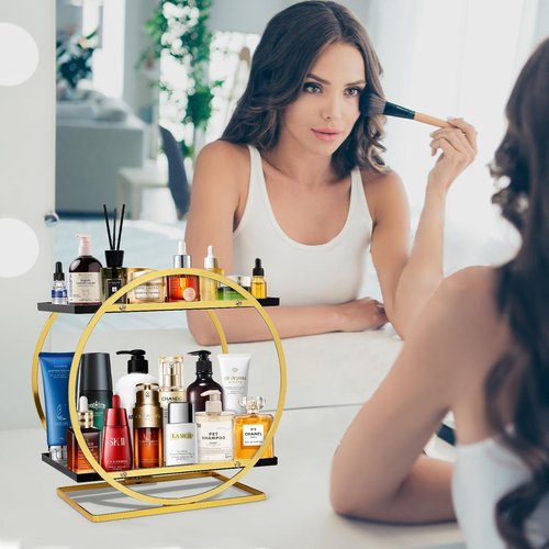 KZZDNN Perfume Organizer for Women, 2 Tier Black Gold Perfume Organizer for Dresser, Makeup Organizer for women, Kincare Storage, Bathroom, Vanity