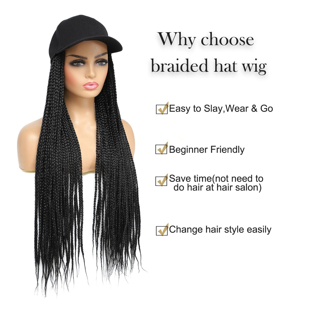 Yunkang Hat Wig for Women Baseball Cap with Braided Hair Attached Synthetic Black Box Braid Wig Hat Adjustable Cap with 24inch Black Braids for Daily Outdoor Use