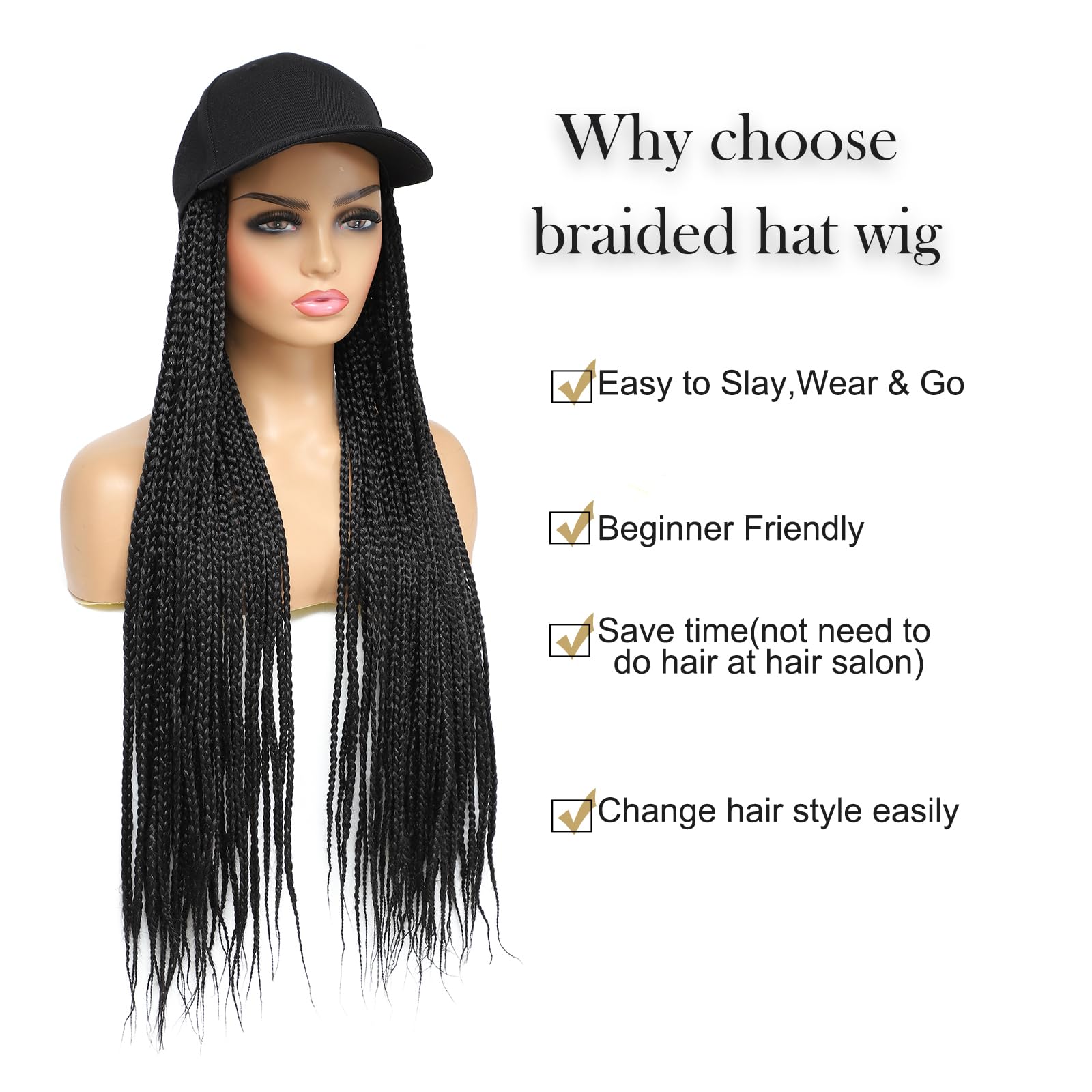 Yunkang Hat Wig for Women Baseball Cap with Braided Hair Attached Synthetic Black Box Braid Wig Hat Adjustable Cap with 24inch Black Braids for Daily Outdoor Use