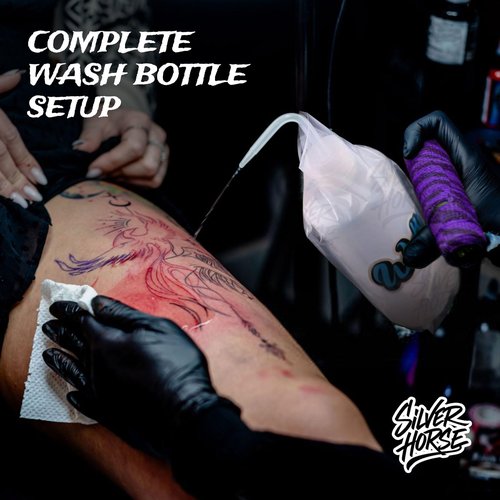 350pcs Wash Bottle Bags with 6pcs Sticker Labels - Tattoo Bottle Bags for 500ml/16.9oz, 6.0×9.4 Inch Plastic Covers, Professional Tattoo Supplies & Accessories (Black)