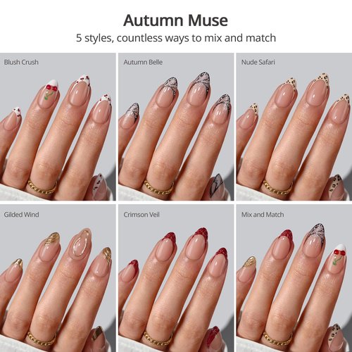 BTArtboxnails X LONGHAIRPRETTYNAILS Press On Nails - Autumn Muse, 5 Designs Mix Match Short Almond French Tip Press On Nails, 160 Pcs Salon Quality Soak Off Soft Gel Nail Tips in 16 Sizes