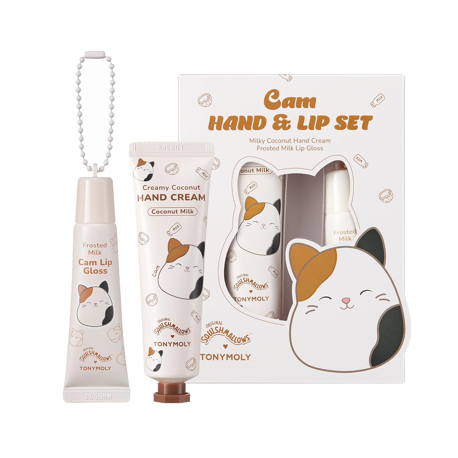 TONYMOLY Cam the Cat 2-Piece Skincare Set - Coconut Milk Hand Cream & Frosted Milk Lip Gloss | Cute Gift for Women & Teens