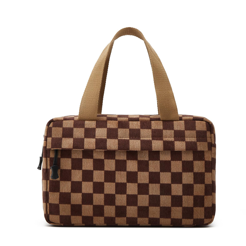 ZOEMTIU Large Makeup Bag for Women Corduroy Cosmetic bag Make up Bags Zipper Pouch with handle Cosmetic Organizer Toiletry Bag for Travel Storage (Checkered Darkbrown)