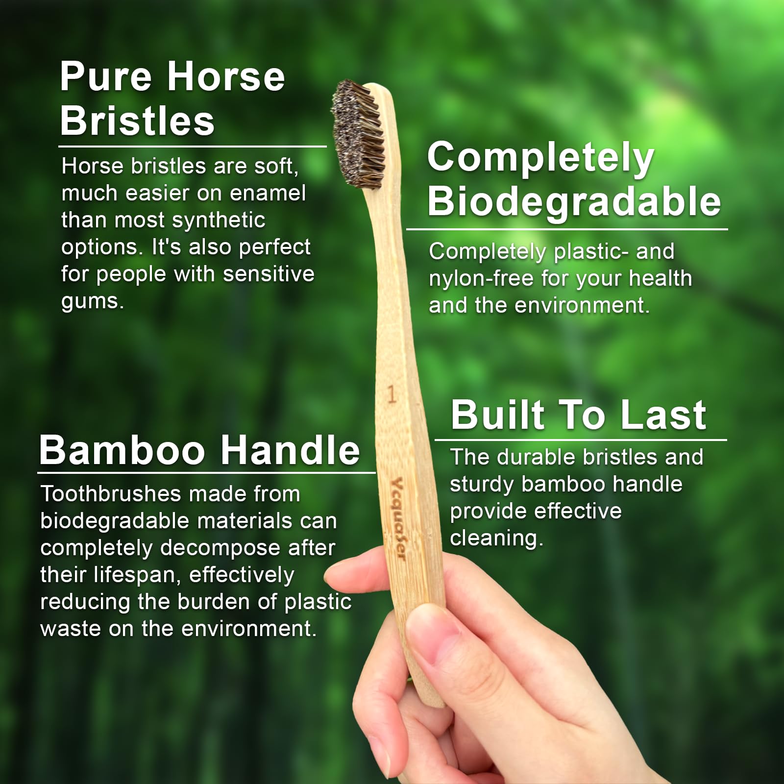 Ycquaser Bamboo Toothbrushes,Travel Toothbrush&Horse Bristle(4-Pack),Natural Soft Bristles for Adults,100% Biodegradable,Plastic & Nylon Free