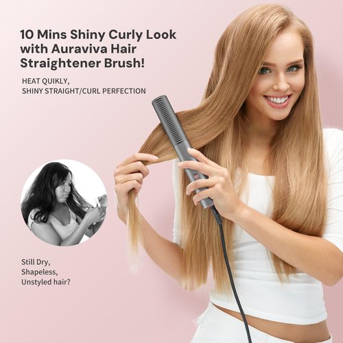 Hair Straightener Brush, Hair Straightener Comb with 5 Temp Settings, Dual Voltage, Anti-Scald, 20s Fast Heating, Ceramic Hot Comb Straightener Straightening Brush for Women, Grey