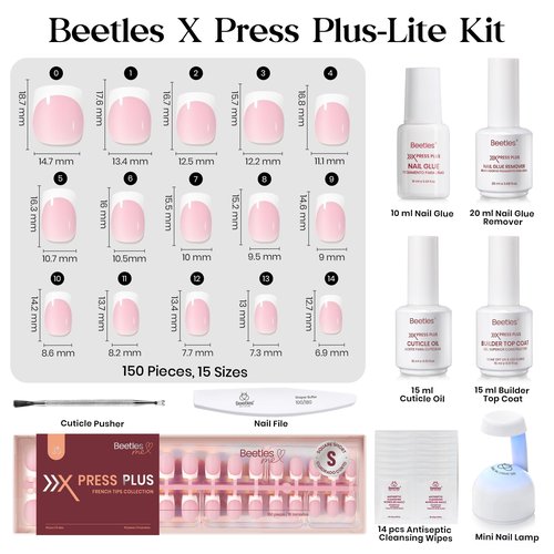 Beetles X Press Plus On Nails Kit-Short Square French Tip Press On Nails Kit with 150Pcs Pink French Nail Tips Nail Glue & Remover Builder Top Coat Nail Lamp,All-in-One DIY Fake Nails Gift for Women