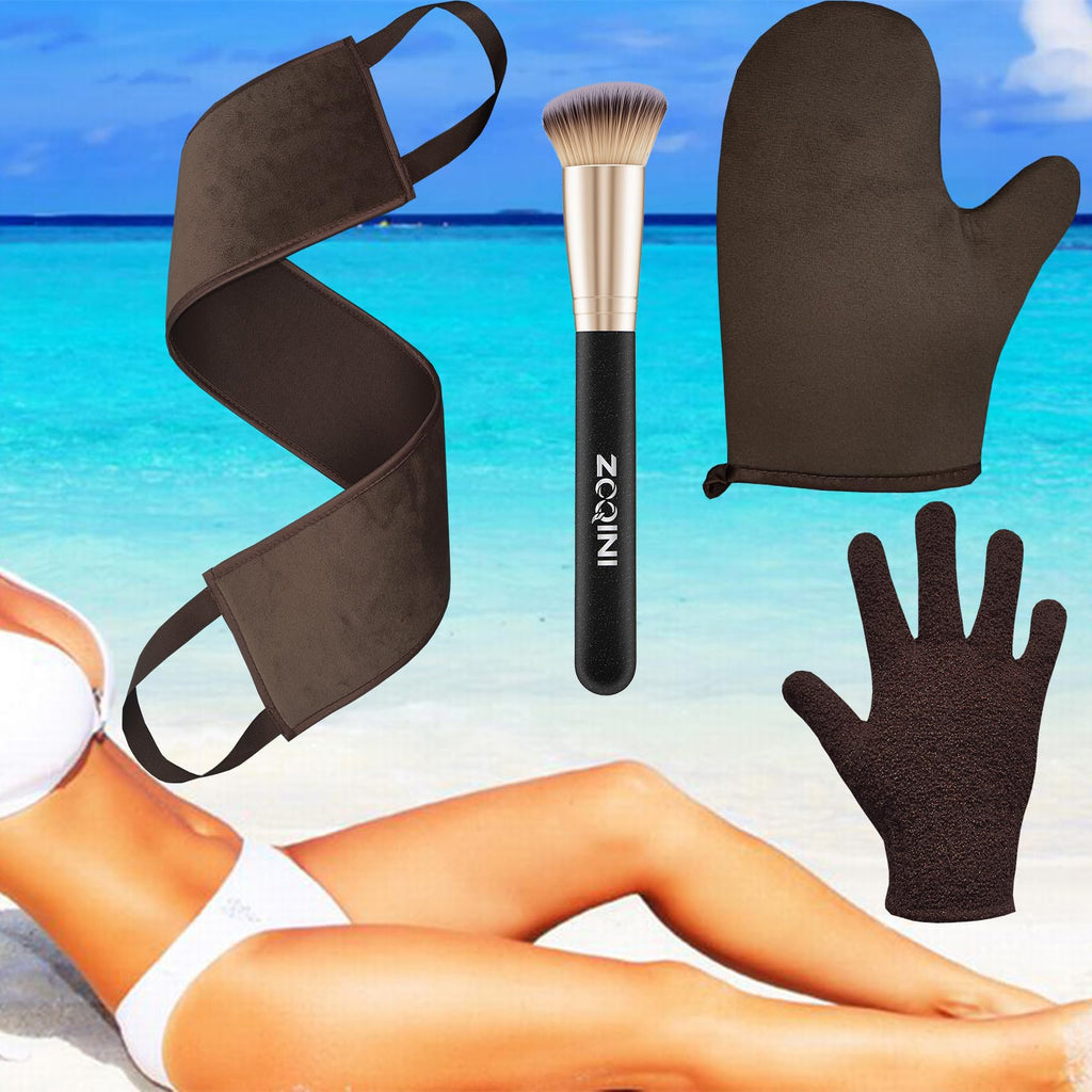 ZOQINI Self Tanning Mitt Kit, Velvety Soft Tanner Mitt and Back Tanning Applicator, Exfoliating Glove, Angled Face Tanner Brush for Sunless Tanning Oil Lotion Mousse Gel (4 Pack Bronze, Boxed)