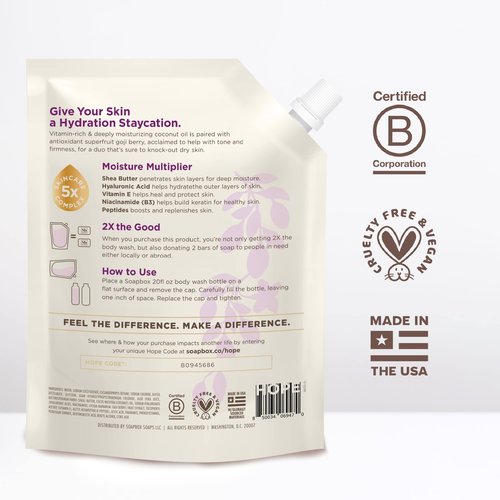 Soapbox Body Wash Refill, Coconut + Goji Berry Body Wash Refill Pack, Bulk Soap Pouch, Vegan + Antioxidant Rich Moisturizing with Shea Butter, Peptides & Keratin Promoting B3, 40oz