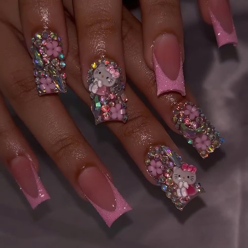 PDFADSK Pink Glitter French Tip Press on Nails Medium Square Fake Nails Glossy Rhinestones Full Cover Coffin False Nail with Rhinestones Charms Design Acrylic Nail for Women 24Pcs