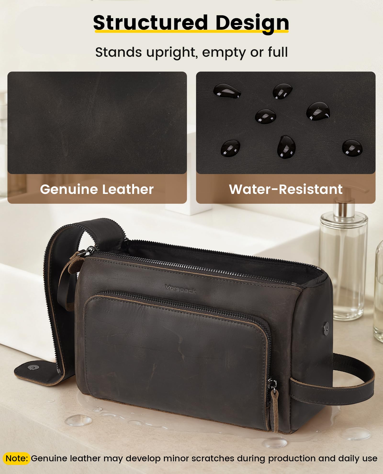 Vorspack Genuine Leather Toiletry Bag for Men - Water Resistant Travel Bag for Toiletries, Essentials, Accessories - Dark Brown