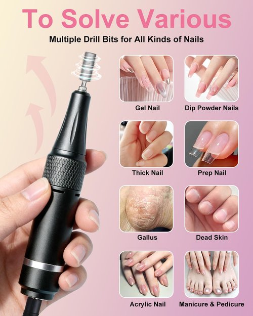 Moskany Professional Electric Nail Drill Kit 35000RPM with 14PCS Bits Pink Portable Rechargeable Cordless File Machine for Acrylic Gel Powder Nails and Manicure Pedicure Toenail Tool Salon Set