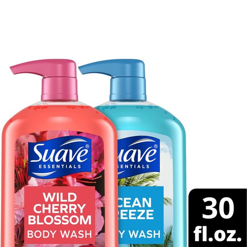 Suave Body Wash Variety Bundle – Ocean Breeze 2-Pack & Wild Cherry Blossom, Gentle & Moisturizing Body Washes with Vitamin E, 30 Oz Ea (3 Piece Set)