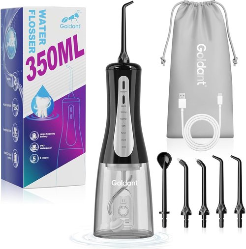 Skiennix 350ML Portable Water Dental Flosser - 5 Modes, Cordless, IPX7 Waterproof for Home & Travel (Black)
