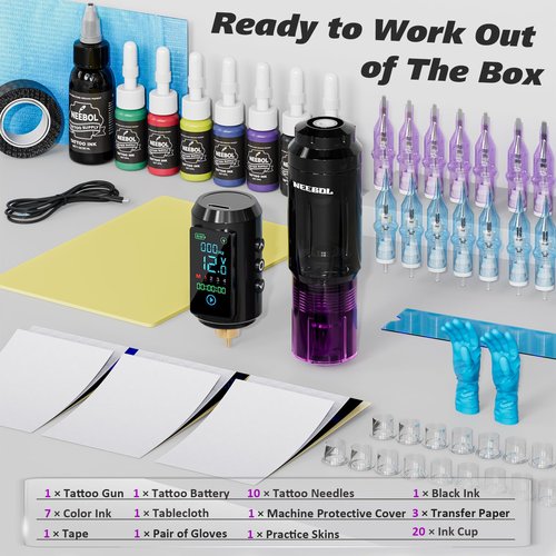 Neebol Tattoo Gun Kit for Beginners – Wireless Tattoo Gun with 1600mAh Battery, Tattoo Pen Machine, 10 Cartridge Needles, Black & Color Ink Set, Complete Tattoo Kit