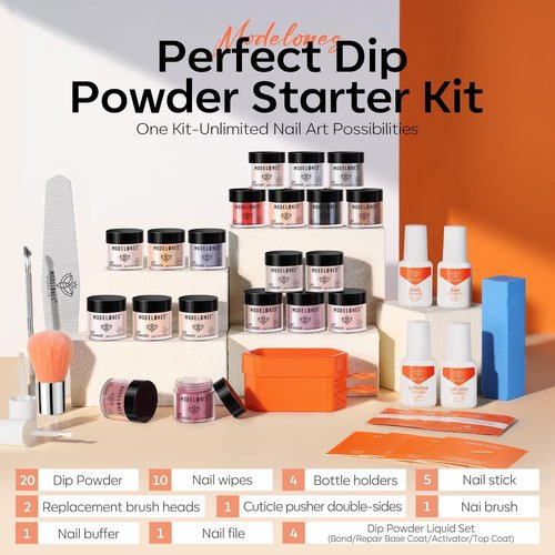 Modelones Dip Powder Nail Kit Starter, 20 Colors Pink Orange Dipping Powder Liquid Set Base&Top Activator for French Nail Art Salon DIY Kit