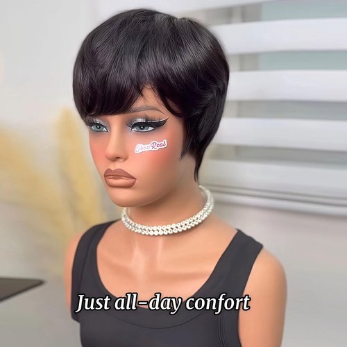 showreal Pixie Cut Wig Human Hair for Black Women Short Pixie Cut Wigs Natural Looking 100% Real Human Hair Wigs Natural Black Glueless Pixie Wigs with Bangs (9149-1B)