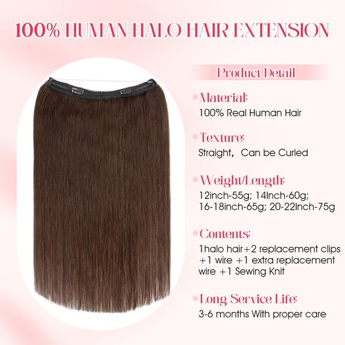 Rich Choices 100% Real Human Halo Hair Extensions Remy Invisible Wire In Hair Extensions Human Hair Clip in Hair Piece Straight,Can be Curled 12 Inch #2 Dark Brown