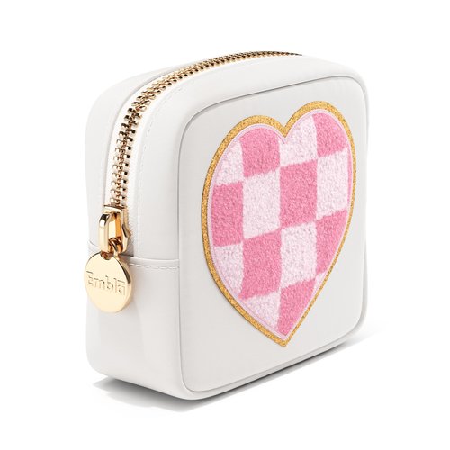 HEART Valentine Makeup Bag Travel Cosmetics Pouch and Toiletry Bag, Nylon Zipper Pouch Purse, Cute Make Up Organizer Storage Tote for Women Girls, Travel Skincare Case, Small Makeup Bags, White