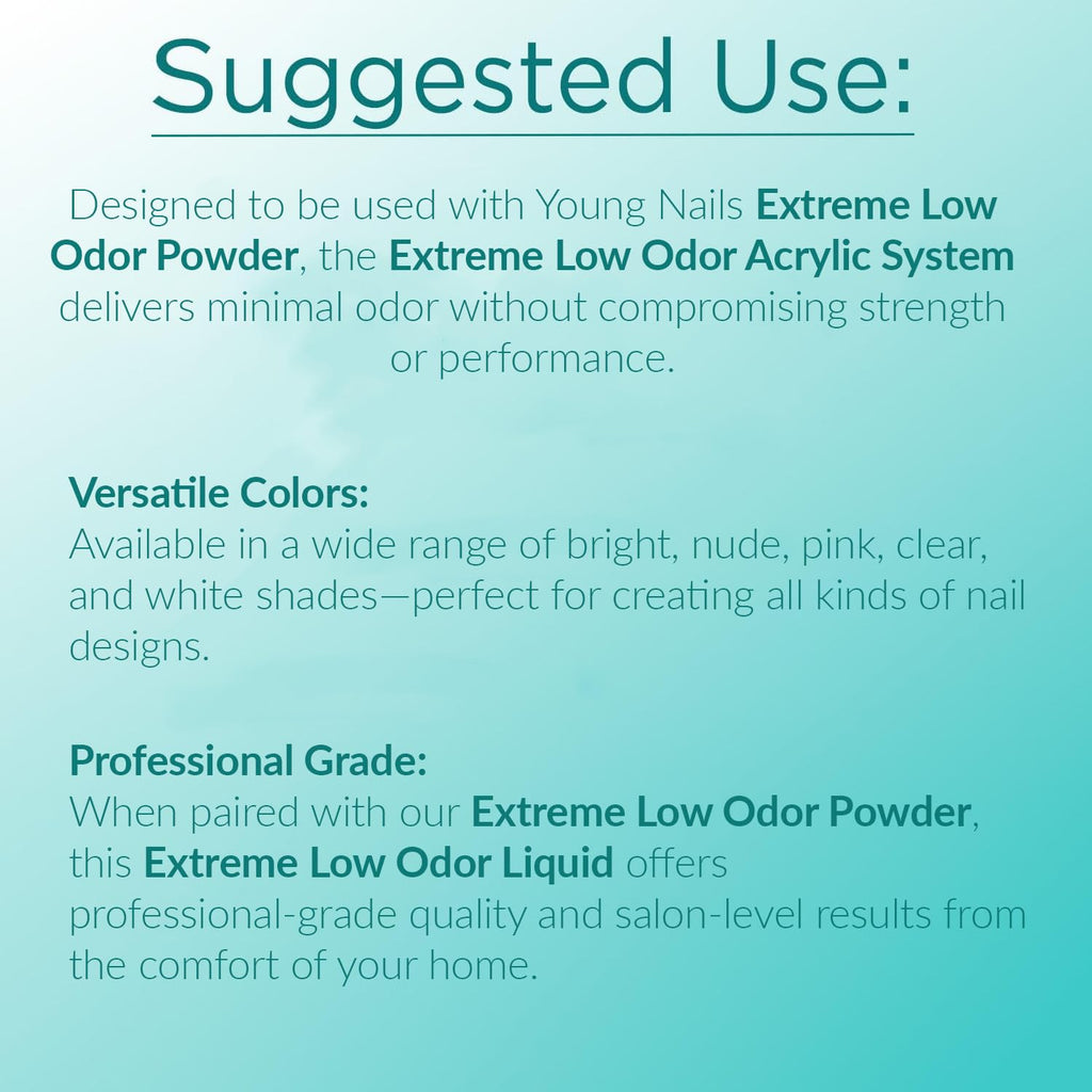 Young Nails Extreme Low Odor Nail Liquid Monomer for Acrylic Nail Powder - Professional Liquid Monomer, Acrylic Nails at Home, Extreme Low Odor, MMA Free, Non-Yellowing, 6 Fl Oz