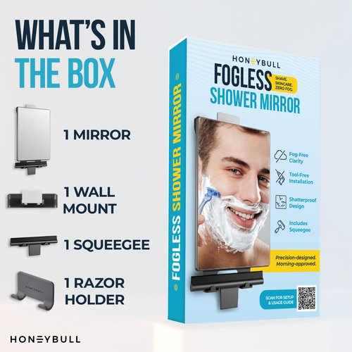 HONEYBULL Fogless Shower Mirror for Shaving – Anti Fog Mirror for Shower with Water Tank, Adhesive Hook Mount, Bonus Razor Holder & Squeegee – for Men and Women, Small Bathroom Accessory (Black)