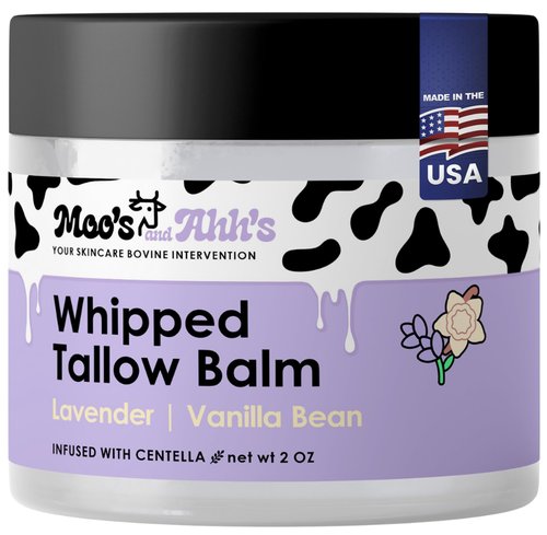 Moo's and Ahh's Whipped Tallow Balm - Beef Tallow for Skin with Organic Centella and Olive Squalane | Grass-Fed Beef Tallow Face & Body Moisturizer for Dry Skin (2 Oz, Lavender + Vanilla Bean)