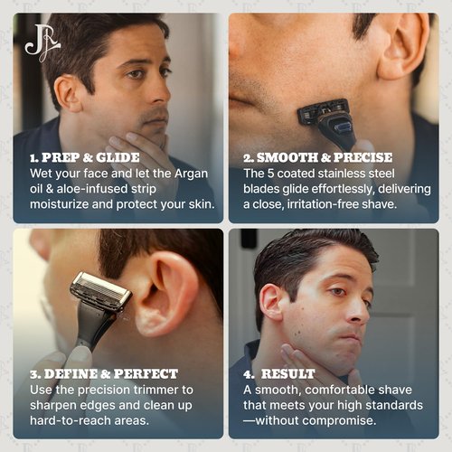 Jeremy's Razors for Men - Precision 5 Razor Blade Refills - 8 Cartridges (Fits All 2nd Gen Jeremy's Handles) - Precision Trimmer, Stainless Steel Design, Lubricating Strip - Men's Shaving Blades