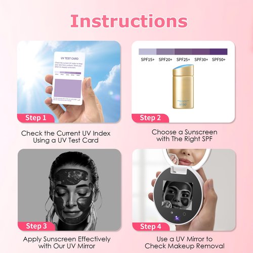 UV Camera for Sunscreen Test UV Mirror Sunscreen Camera, 3.8 Inch Rechargeable 2X Magnifying Vanity Mirror with Light Handheld Double-Sided Pocket Mirror for Skin Protection(White)
