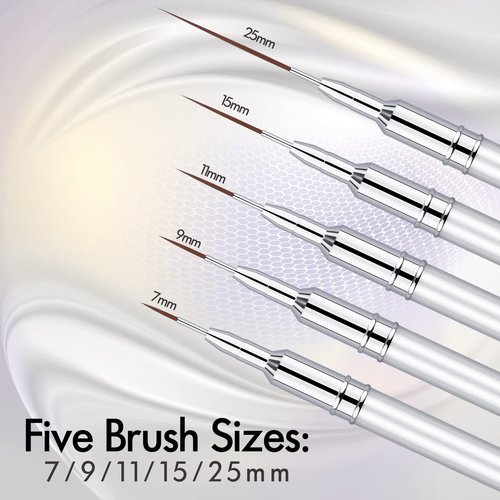 Eptbsdu 5PC Nail Art Brush Set - Long Lines, Liner, UV Gel Polish, Metal Handle, Sizes 7/9/11/15/25mm