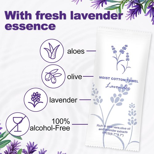 Moist Cotton Towel Bulk Moist Towelettes Individually Wrapped,White Towel Services,Refreshment Pre Moistened Towels for Dentist Travel Sport Party Hotel 100,Lavender