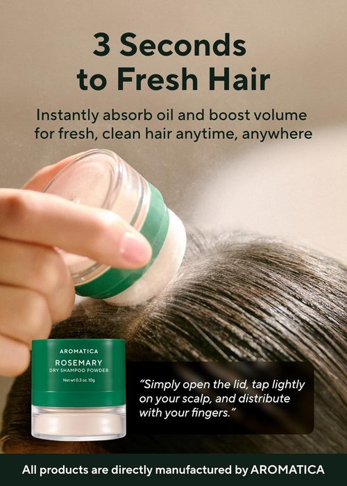 AROMATICA Rosemary Dry Shampoo Powder - Travel Size (10g) | Volumizing, Oil-Absorbing, Talc-Free Hair Care for Women