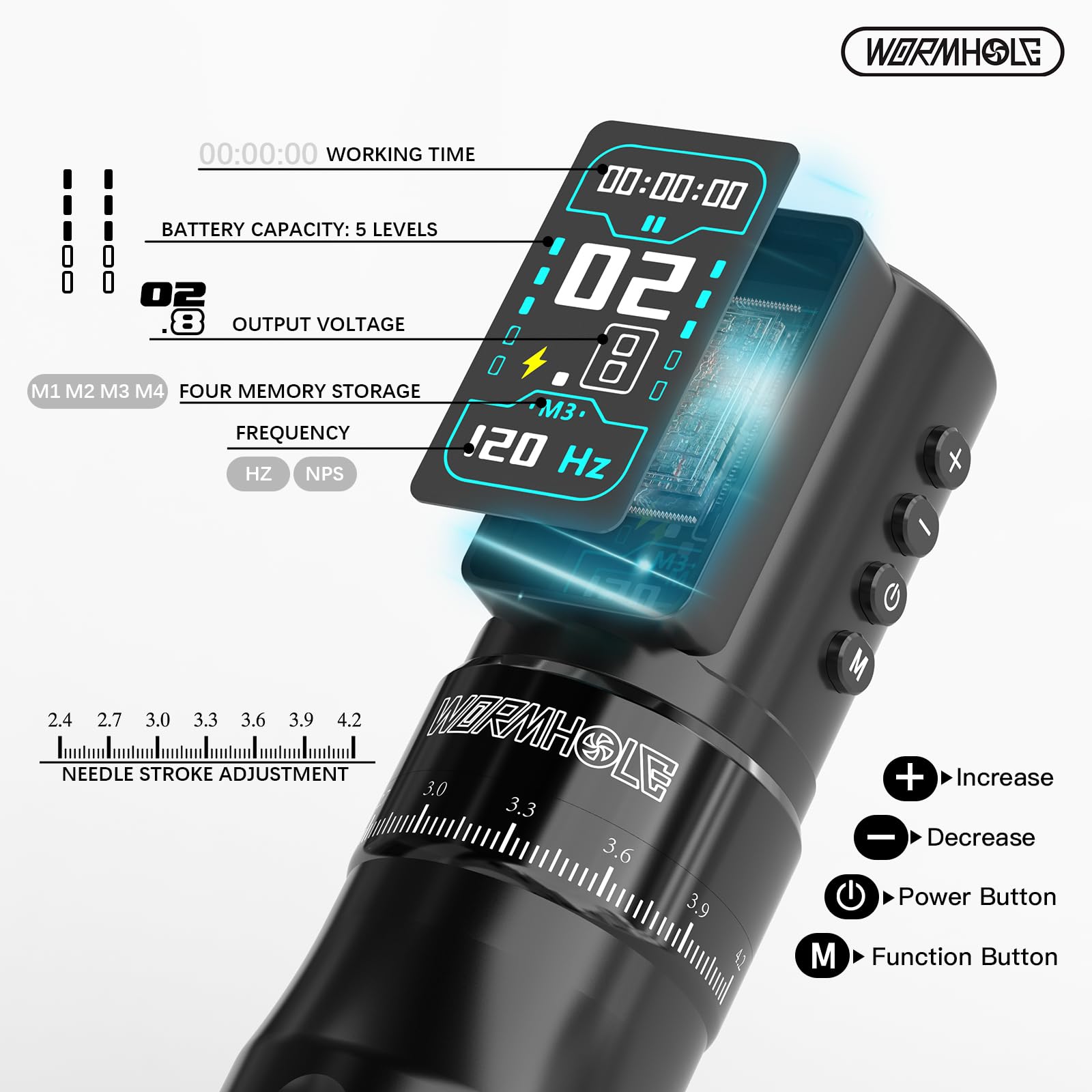 Wormhole Tattoo Gun Kit Xtreme Tattoo Ink Aluminum Alloy Wireless Tattoo Machine with 2Pcs 2300mAh Battery Adjustable Tattoo Pen Rotary Complete Professional Tattoo Kit for Artists - Black