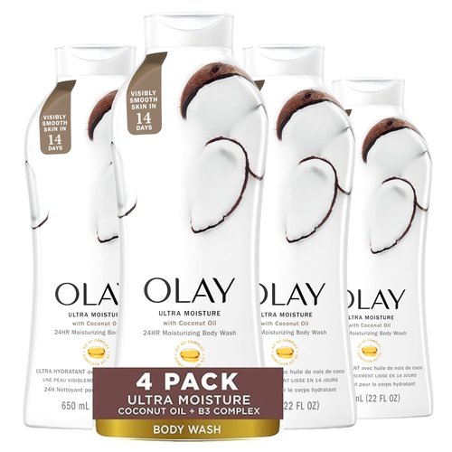 Olay Body Wash for Women, Ultra Moisture, 24hr Moisturizing, Hydrating & Refreshing, B3 Vitamin Complex, Free of Parabens & Phthalates, For All Skin Types, Coconut Oil Scent, 22 fl oz (Pack of 4)