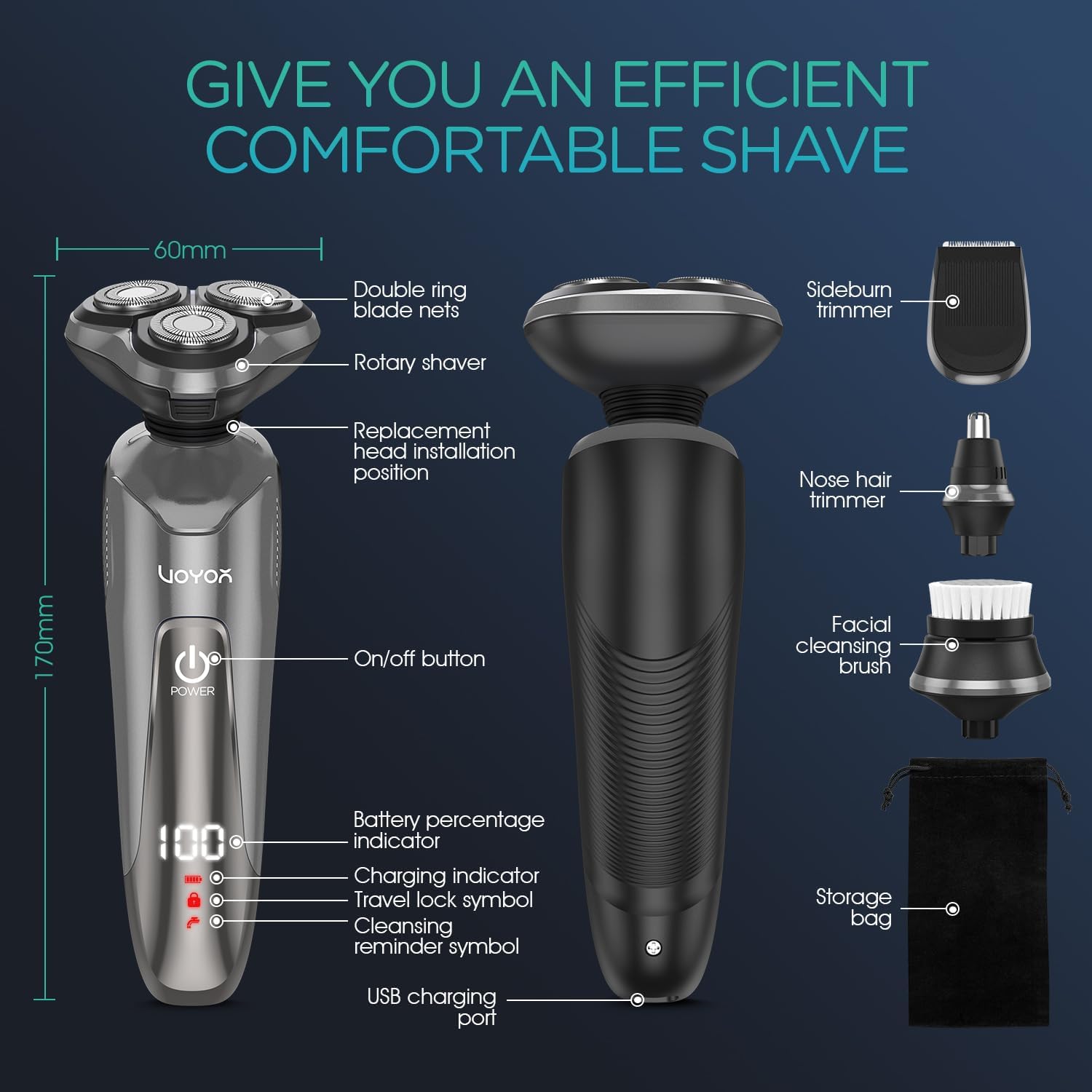 VOYOR Electric Razor for Men - Cordless Wet/Dry Shaver with Rechargeable Battery | Waterproof Grey TX410