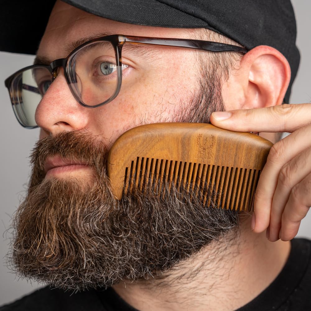ZEUS Sandalwood Beard Comb for Men, Natural Wooden Comb with Leather Sheath, Travel-Friendly & Anti-Static Grooming Tool (S31)