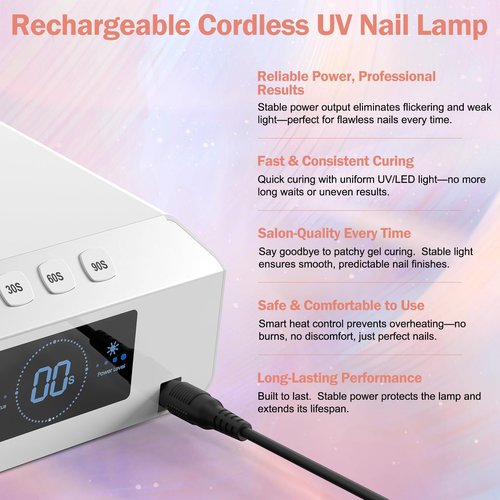 NAILGIRLS Cordless UV LED Nail Lamp, 60W Professional Rechargeable UV Light for Gel Nails with 4 Timer Setting, Portable Nail Dryer Auto Sensor, 80 LED Beads Fast Curing for Salon Manicurist