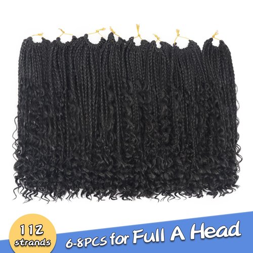 Goddess Box Braids Boho Crochet Hair - 14Inch Pre-Looped Box Braids With Curly Ends (14 Inch, Pack of 8, #1B)