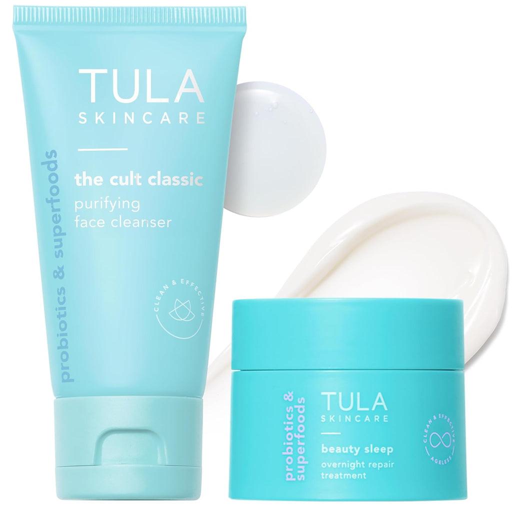 TULA Skin Care Nighttime Duo | Travel Size Cleansing & Hydrating Kit - Purifying Cleanser & Overnight Repair Treatment