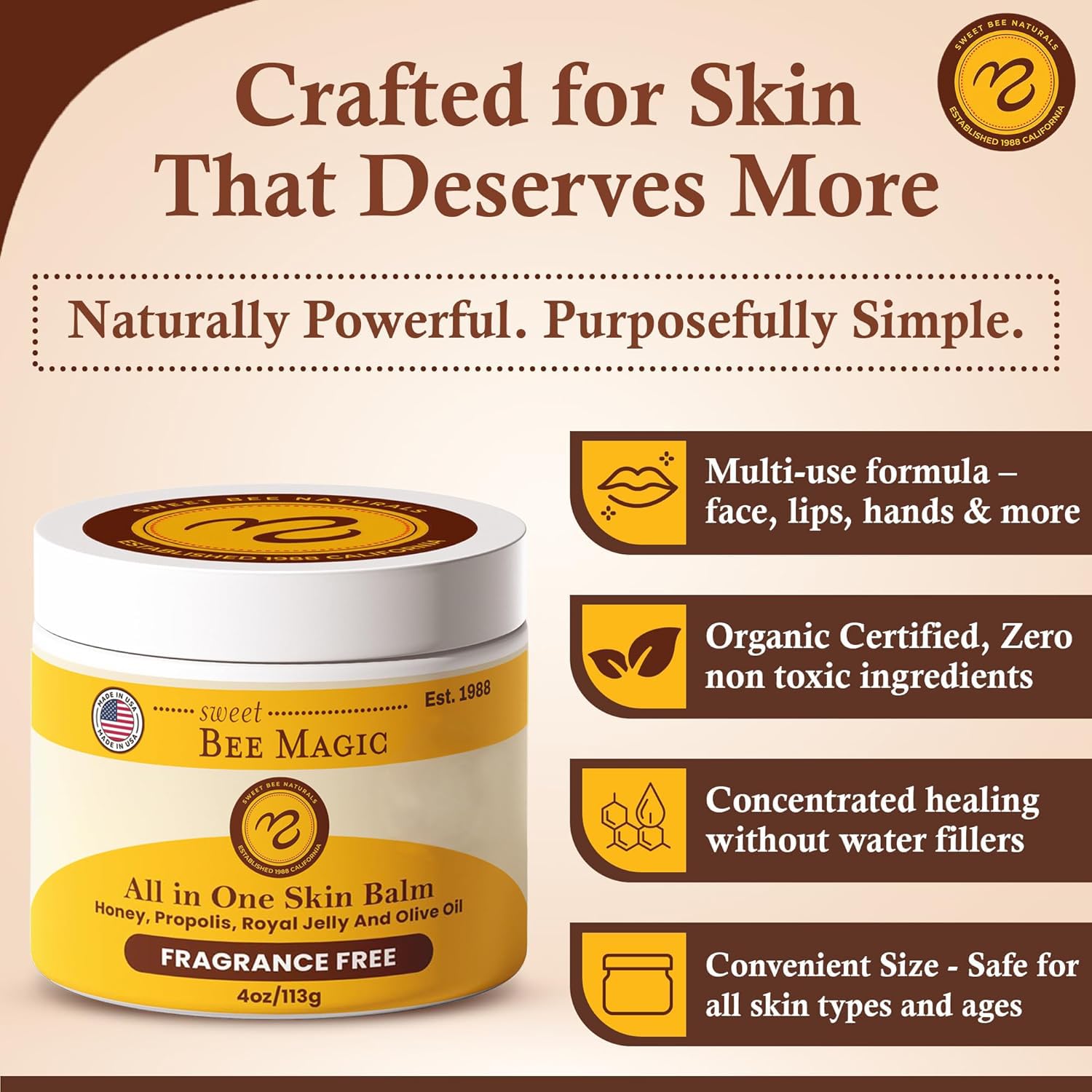 Sweet Bee Magic Organic Honey Balm - All-Natural Moisturizer for Face, Skin & Body - 4oz Jar
