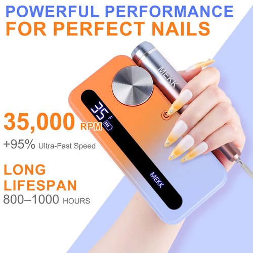 MEKK Nail Drill Kit,35000RPM Electric Nail Drill Professional Electric Nail File with 12PCS Bits,Anti-Shaking Cordless E Filer for Nails with LCD Display,Home & Salon (Orange Blue)