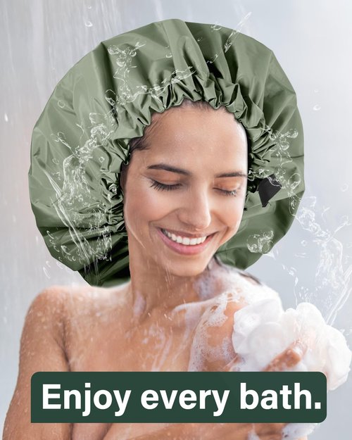 Aquior Shower Cap for Women, Extra Adjustable Shower Caps for Women Double-Layer Waterproof Reusable Hair Cap, Large Size Hair Cap for All Hair,for Girls Spa Bath,Soft and Comfortable (Green)