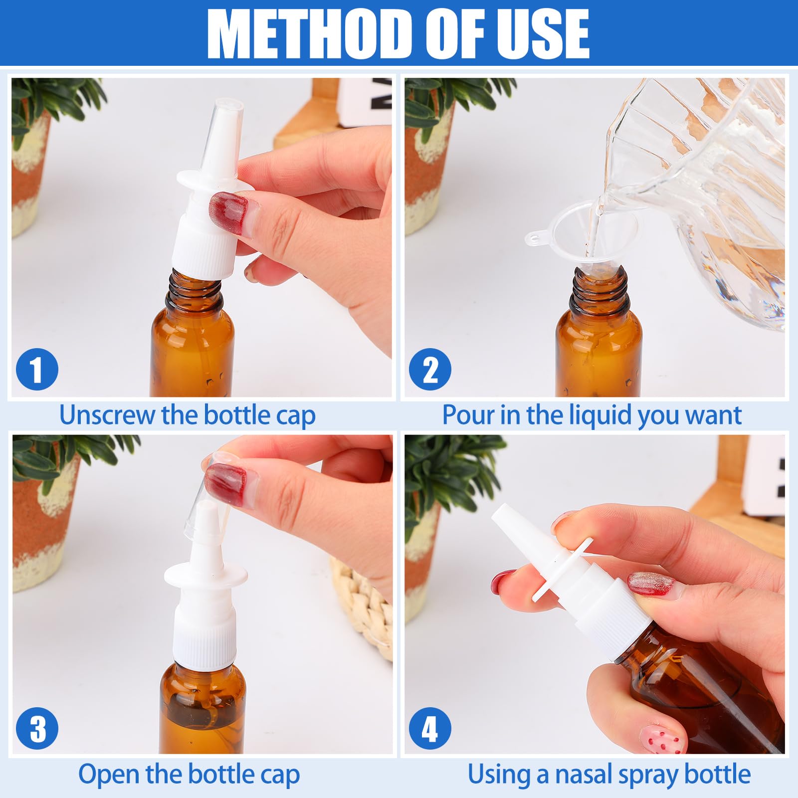 ZHWKMYP 10 Pcs Nasal Spray Bottle, 20ML/0.7OZ 6 Pcs Fine Mist Glass Empty Refillable Nasal Spray Bottle with 2 Funnels and 2 Labels