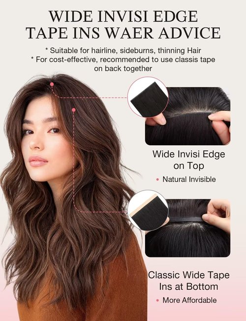 DOORES Invisi Edge Wide Tape in Human Hair Extensions, Dark Brown to Chestnut Brown 4PCS Injection Tape ins 20g 18 Inch, Injected 3 Inch Wide Extensions Straight for Thinning Hair
