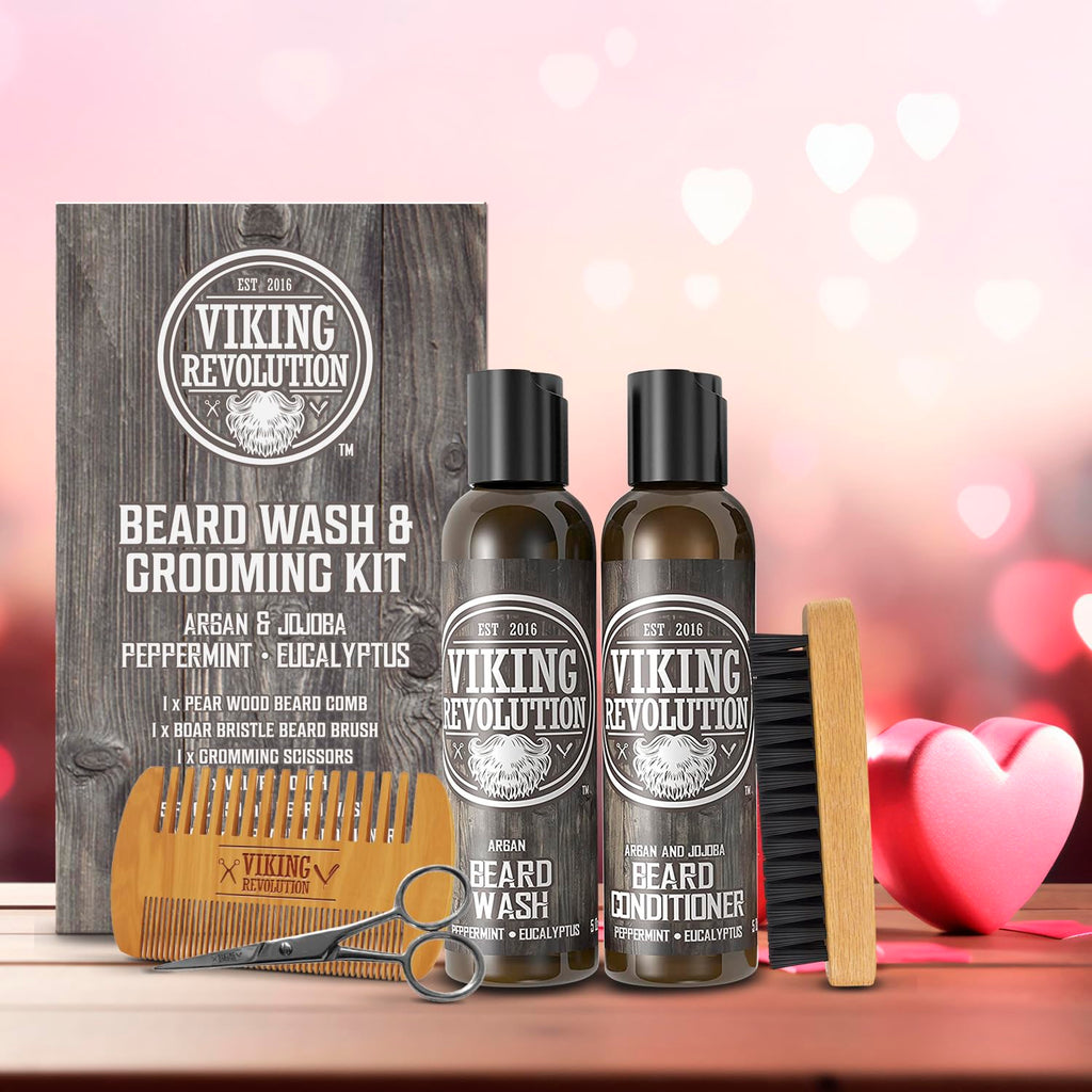 Viking Revolution Beard Brush and Comb Set with Peppermint Eucalyptus Beard Wash and Conditioner (5 Oz each) - Grooming Kit for Men with Argan and Jojoba Oils - Gifts for Men
