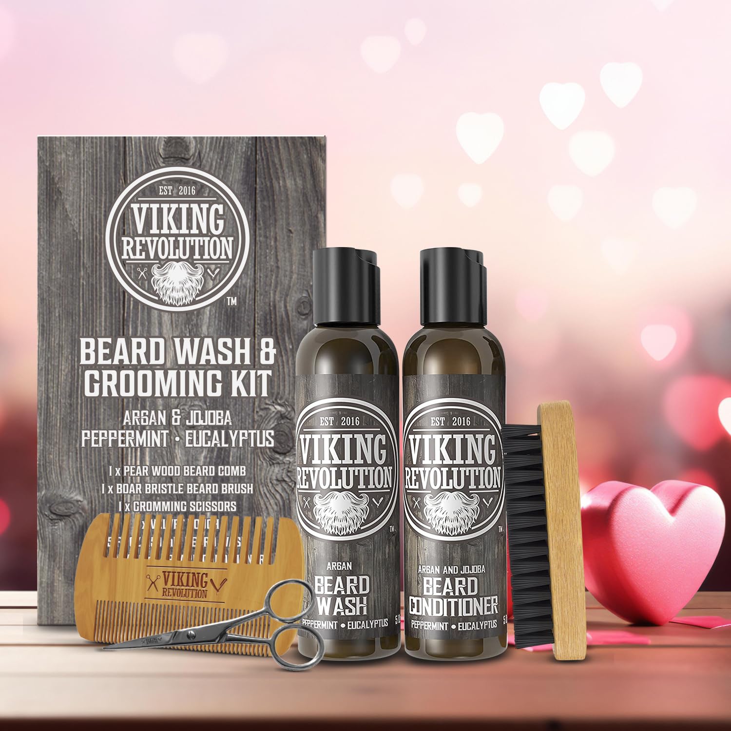 Viking Revolution Beard Brush and Comb Set with Peppermint Eucalyptus Beard Wash and Conditioner (5 Oz each) - Grooming Kit for Men with Argan and Jojoba Oils - Gifts for Men