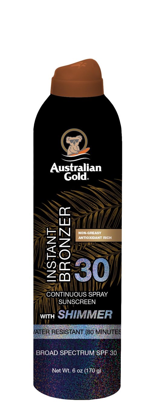 Australian Gold SPF 30 Continuous Sunscreen Spray with Instant Bronzer & Shimmer, 6 oz, Broad Spectrum UVA/UVB Protection, Water Resistant Scented Spray Sunscreen, Cocoa Dreams Fragrance