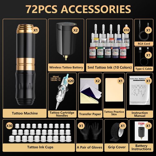 STIGMA Wireless Tattoo Gun Kit Complete with Pro Short Pen, 2 Batteries, 20 Tattoo Cartridge Needles, Color Set, Full Tattoo Accessories STP35TI4002-9