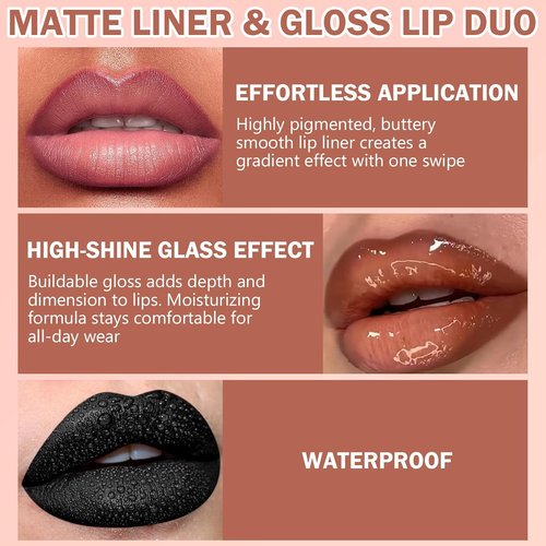 Skiennix Lip Liner & Gloss Lipstick Combo - 2-in-1 Dual-Ended Soft Pink Velvet Matte & Buildable Light Pink Gloss Set for Women, Long-Lasting Shine & Plumping Finish