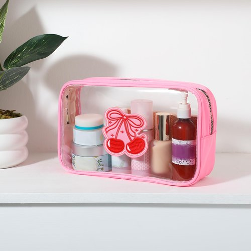 Kacctyen Pink Bow Clear Makeup Bag Coquette Pink Bow Travel Toiletry Preppy Cosmetic Bag Travel Organizer Trendy Portable Gift for Women Girlfriend Bridesmaid Birthday Mothers Day(Cherry Bow)