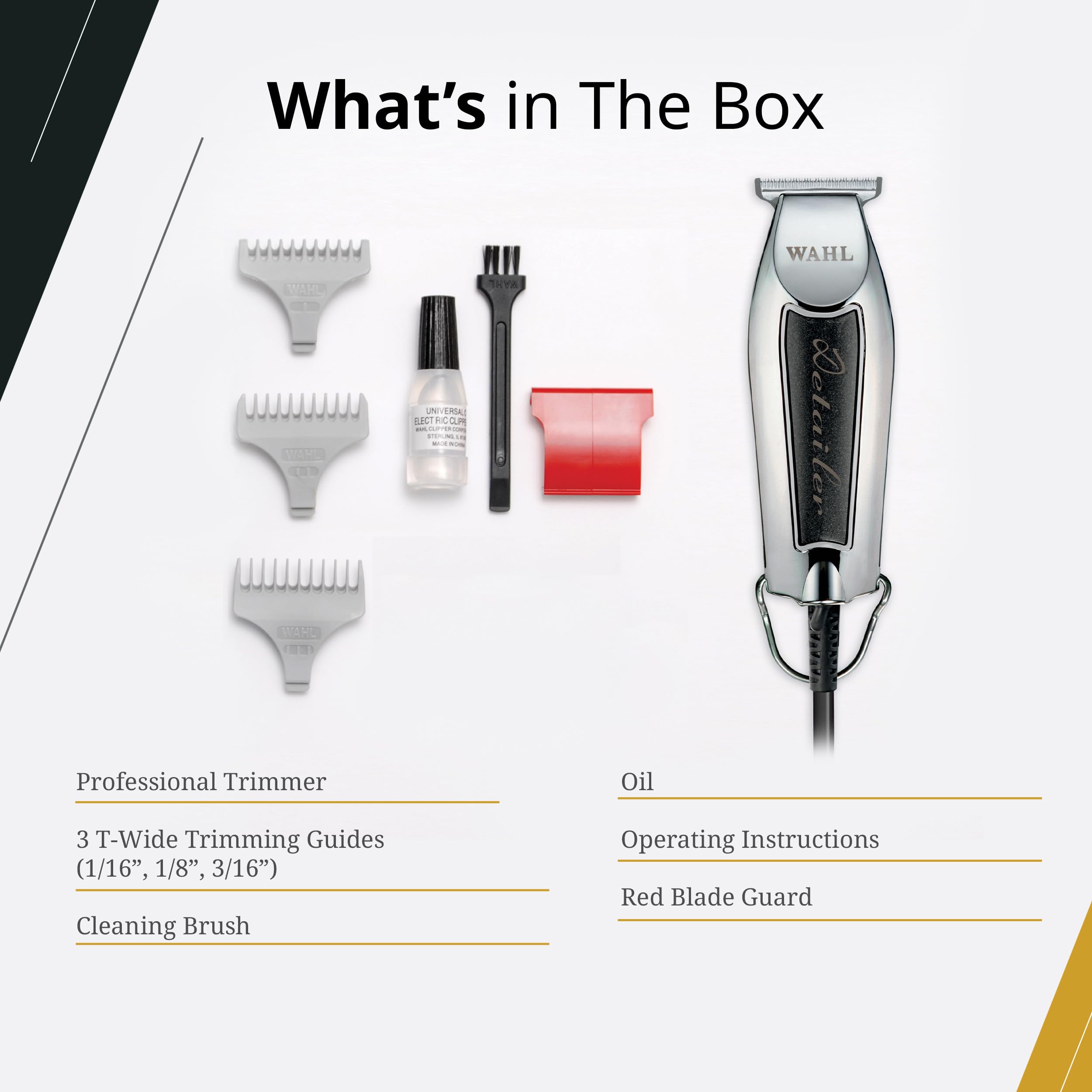 Wahl Professional Detailer Trimmer, Black, Adjustable T-Blade, Corded Lightweight Rotary Motor, Includes 3 Guides and Accessories